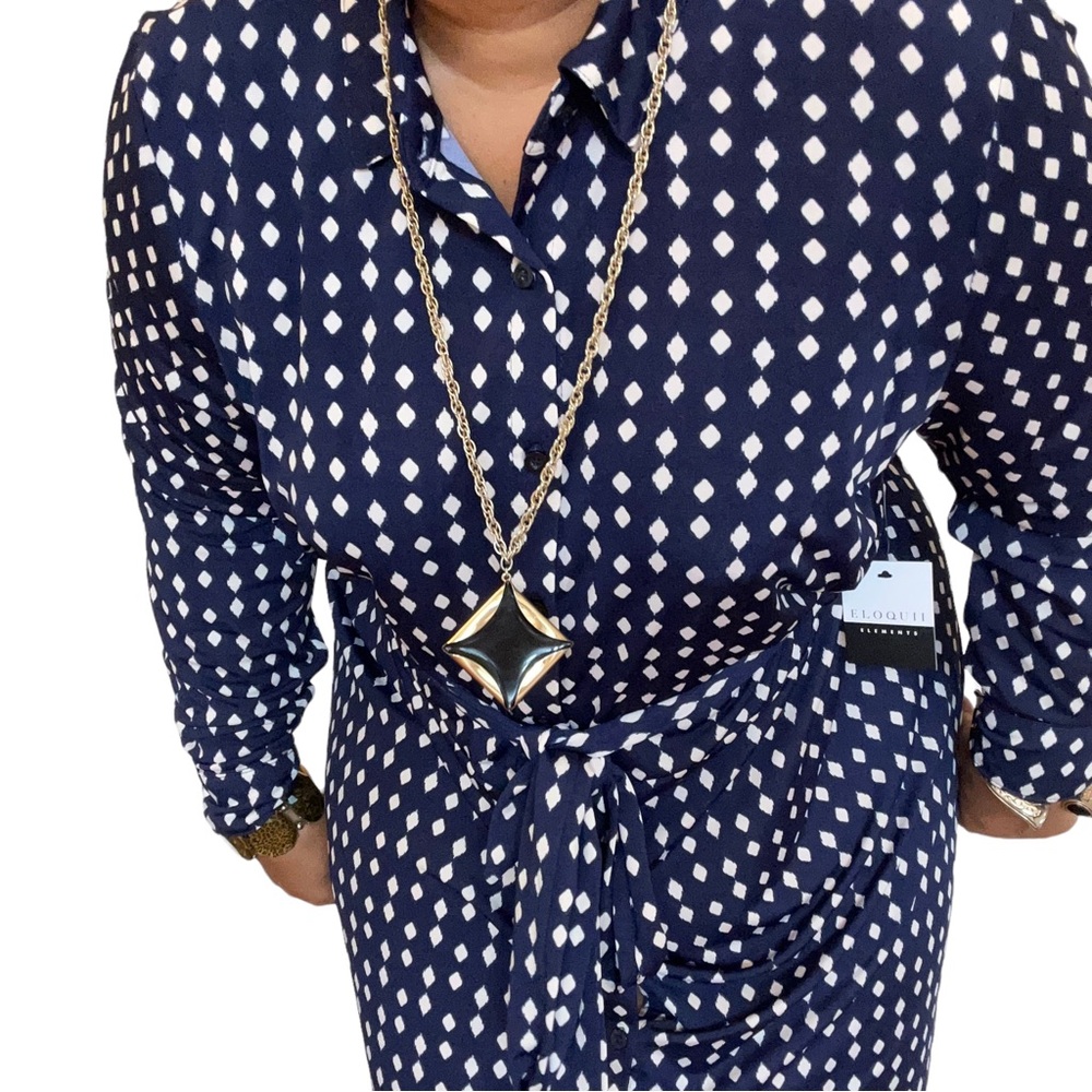 ELOQUII Elements Women's Plus Size Diamond Print Midi Tie Waist Shirt Dress - Picture 3 of 12